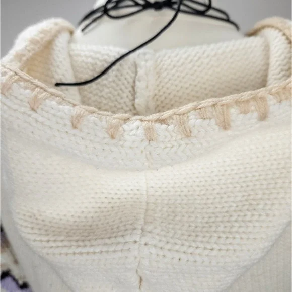 Vintage Boho Knit Fringe Hoodie - Fair Isle Cream Sweater - 90s Cozy Y2K‎ - Picture 6 of 8